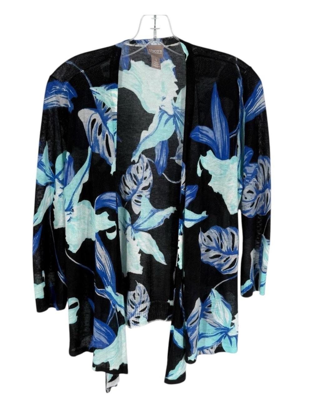 Chicos Lightweight Cardigan Size 1 Black Blue Iris Print Knit Womens Medium